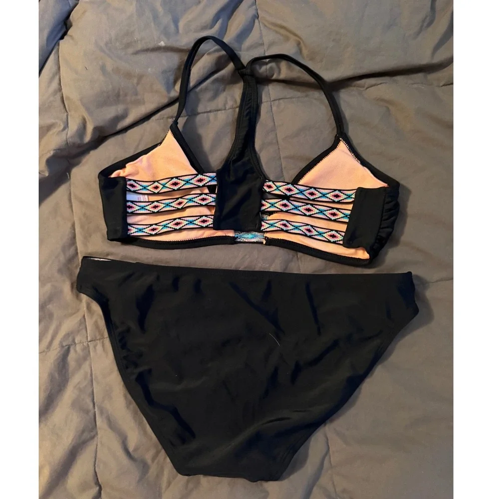 Xhilaration Black Bikini Set Embroidered Strappy Racerback Top M Bottoms L
